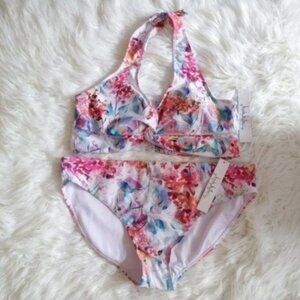 Nicole Miller White Pink Tropical Floral Printed Bikini Set Size Medium